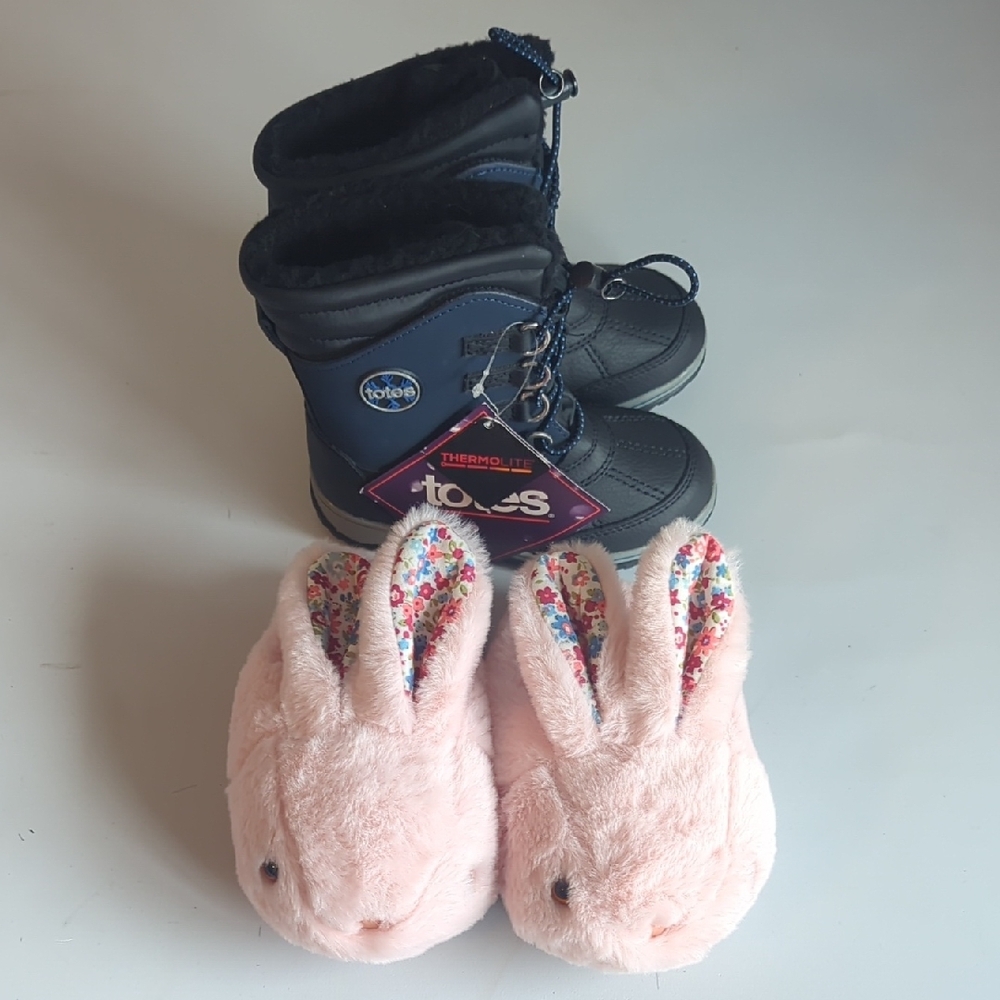 Pink Bunny Slippers and Blue Winter Boots